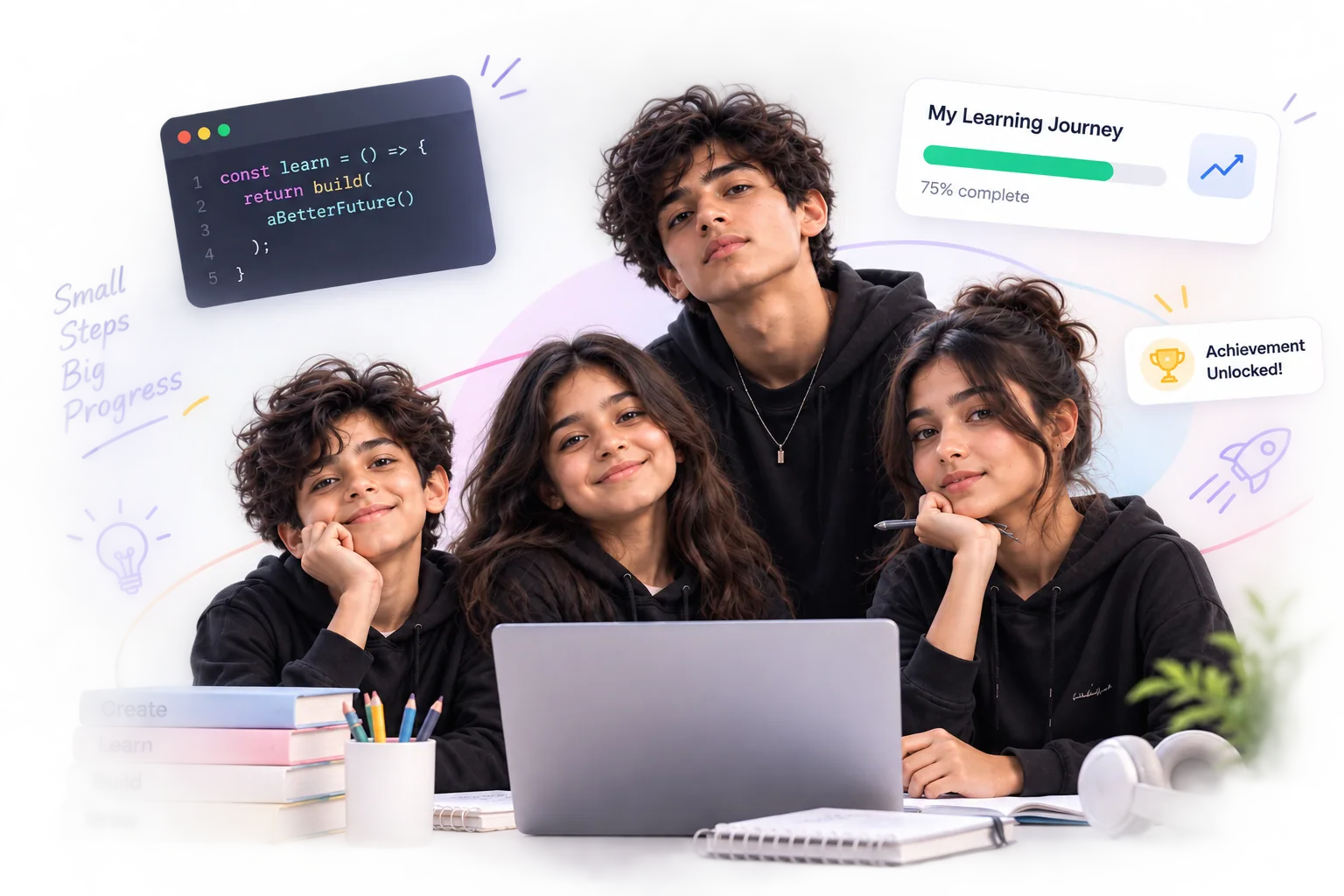 Four students smiling around a laptop, coding and learning together at KAERON